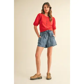 Puff Short Sleeve Button Down Knit Cardigan - Red