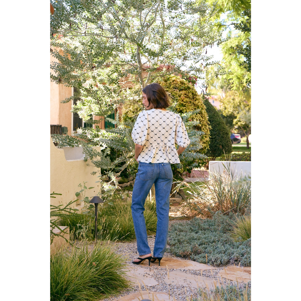 Bow Print Textured Tie Front Peplum Top Cream/Black