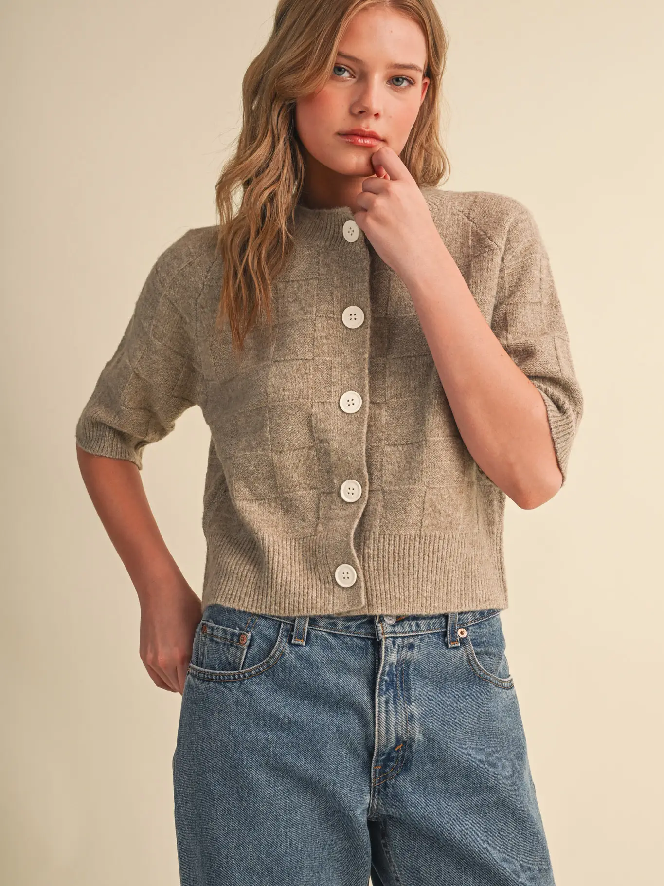 Basket Weave Knit Short Sleeve Sweater Cardigan - MULTIPLE COLORS