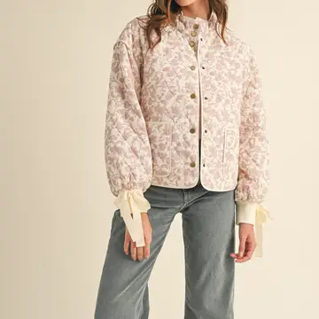 Floral Quilted Jacket with Ribbon Detail - IVORY PINK FLORAL