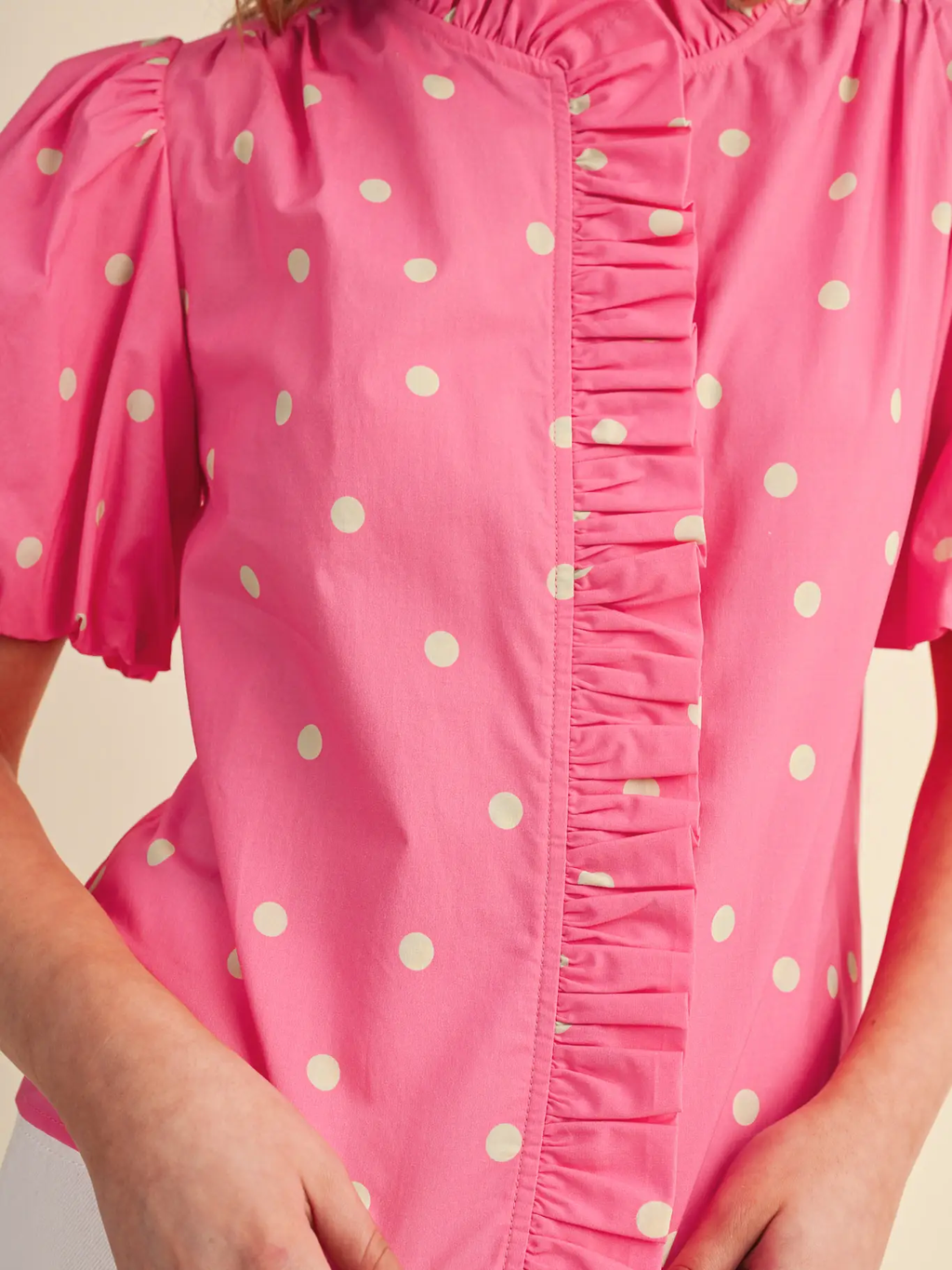 Polka Dot Ruffled Button Down Top - PINK