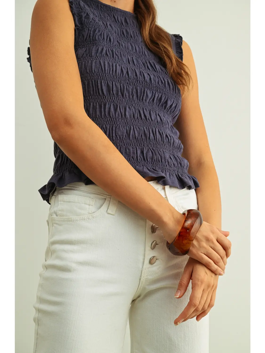 Sleeveless with All Over Smocking Top - NAVY