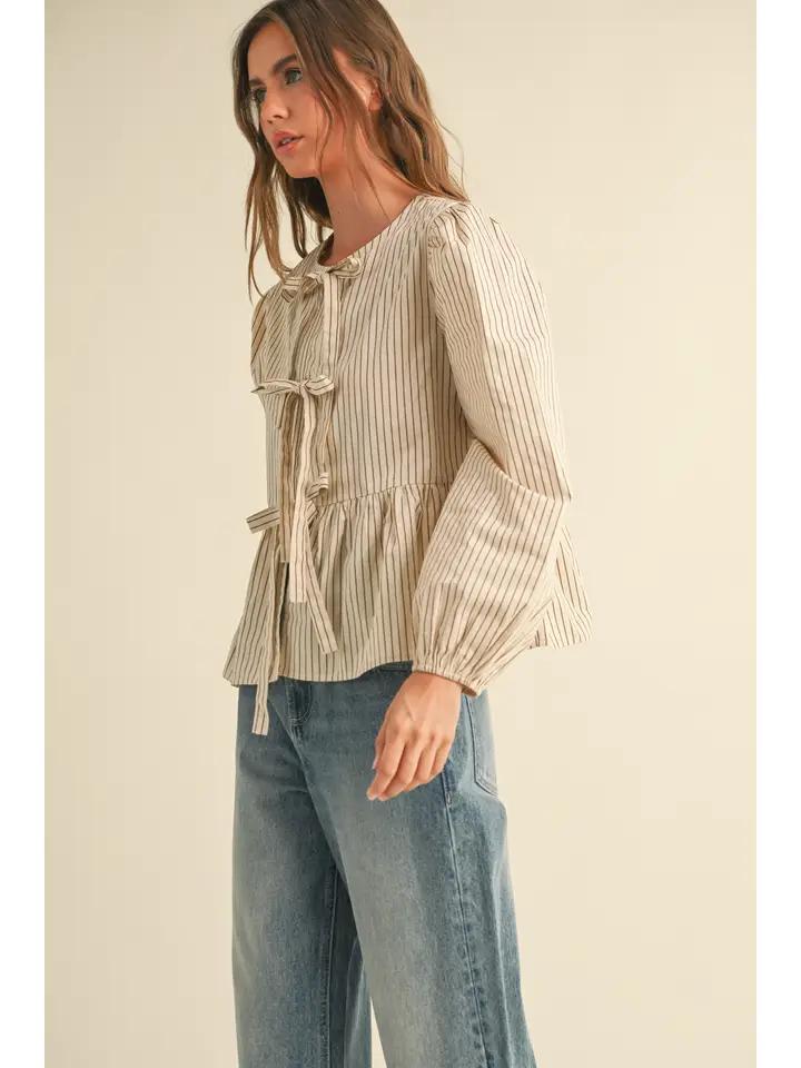 Striped Woven Blouse with Tie Front - Beige/Brown