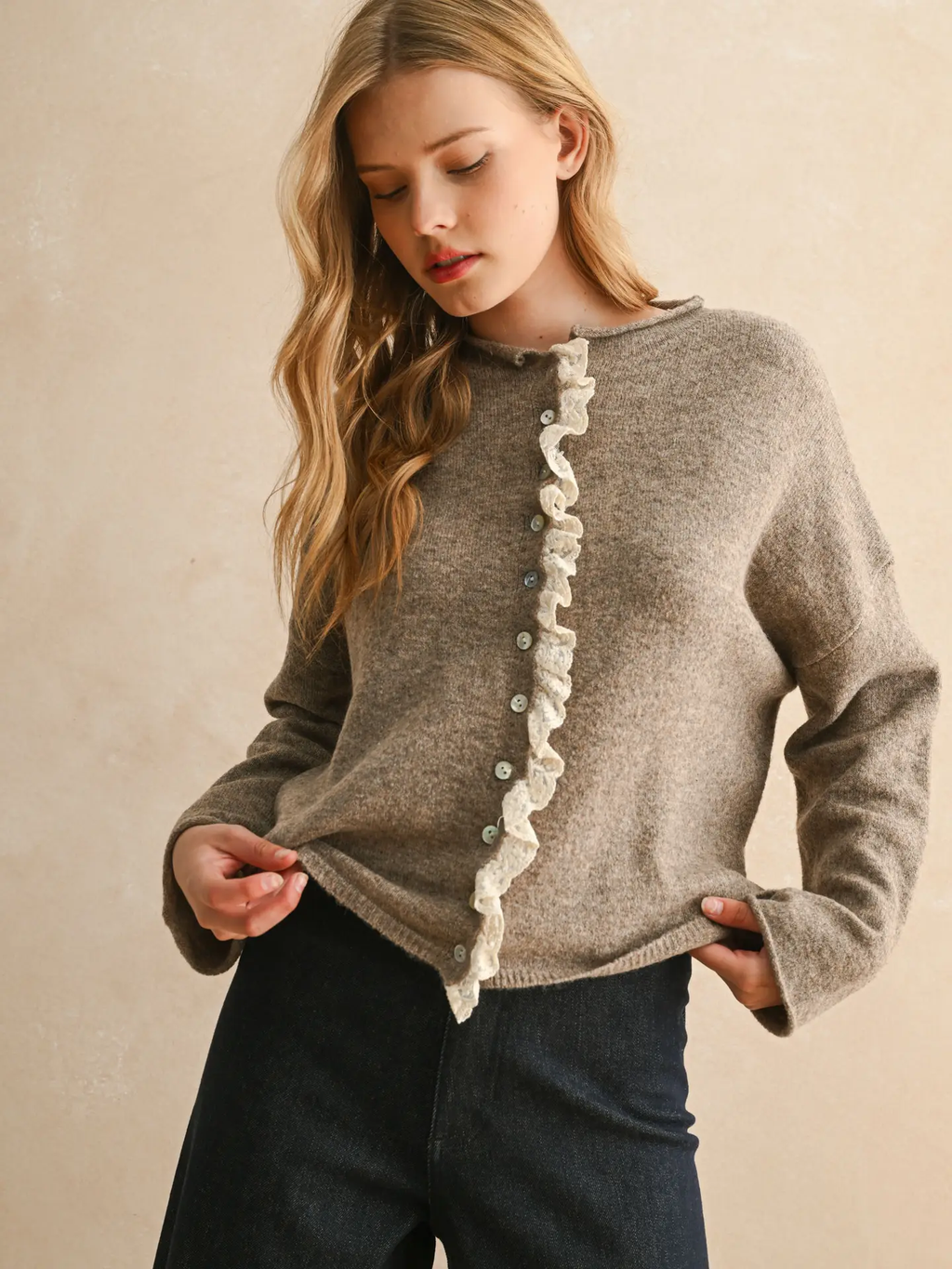 Button Front Lace Trim Knitted Cardigan - Mocha