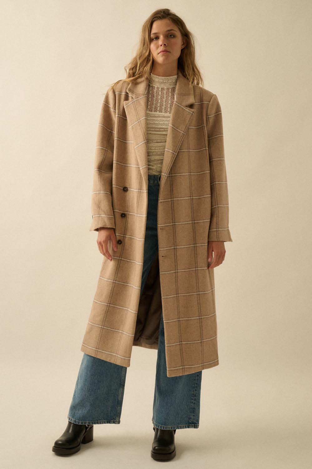Paid Herringbone Tweed Calf-Length Overcoat