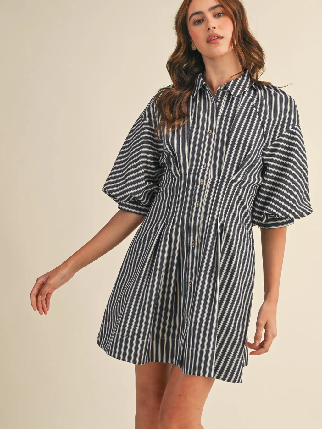 Striped Denim Bubble Sleeve Mini Dress - DENIM BLUE