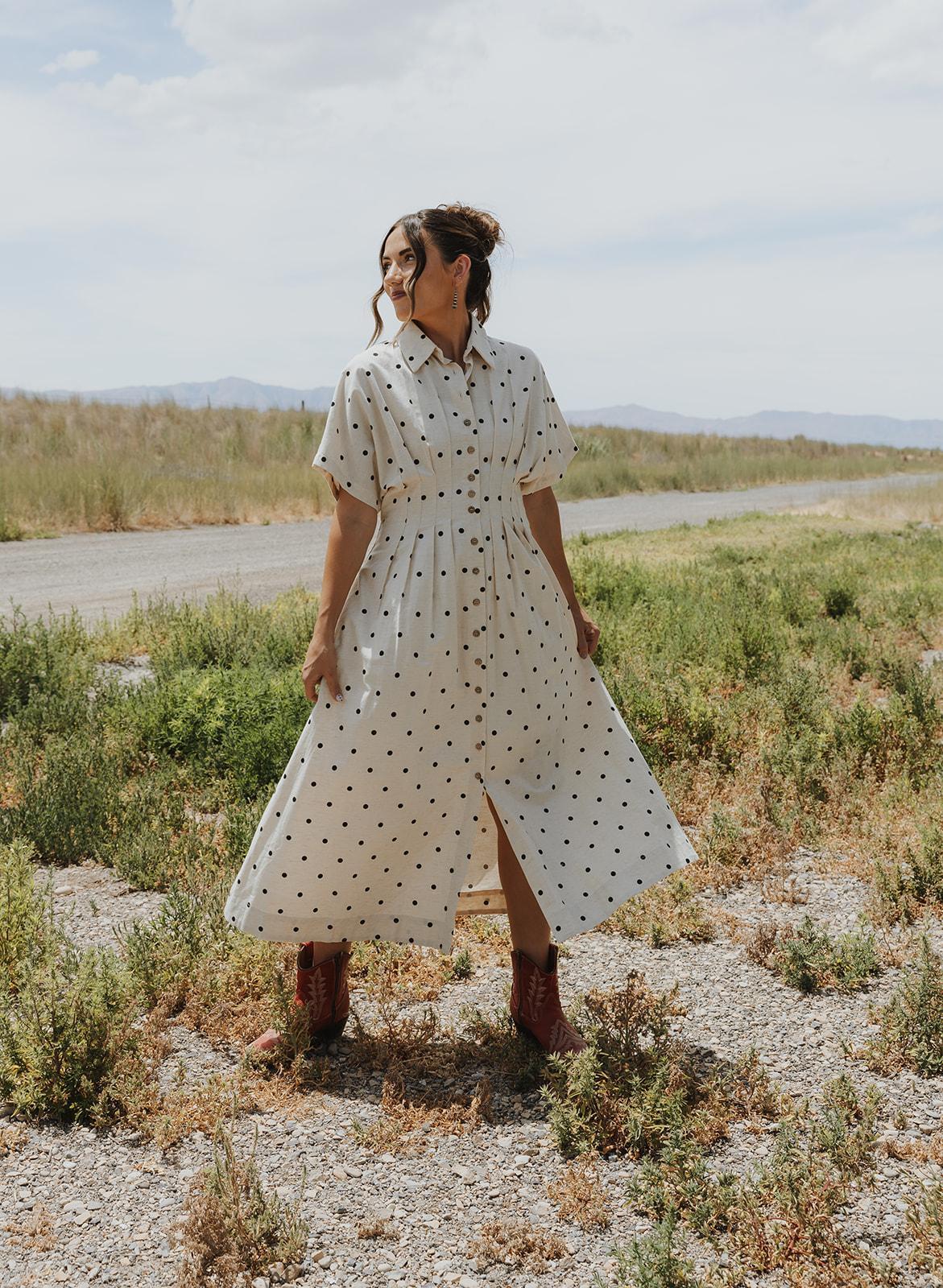 Polkadot Print Short Sleeve Button Front Dress