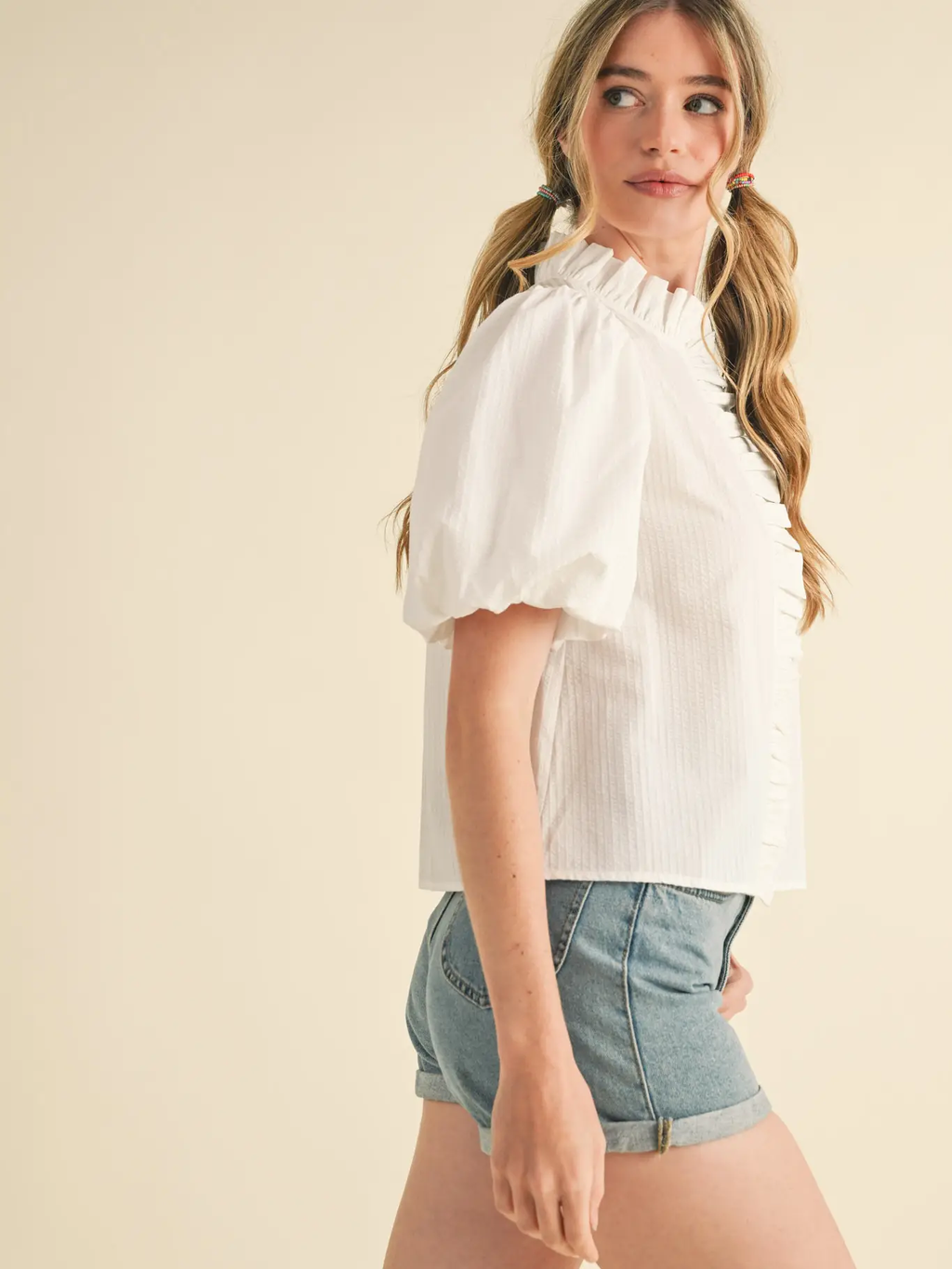 Striped Ruffle Button Down Top  - WHITE
