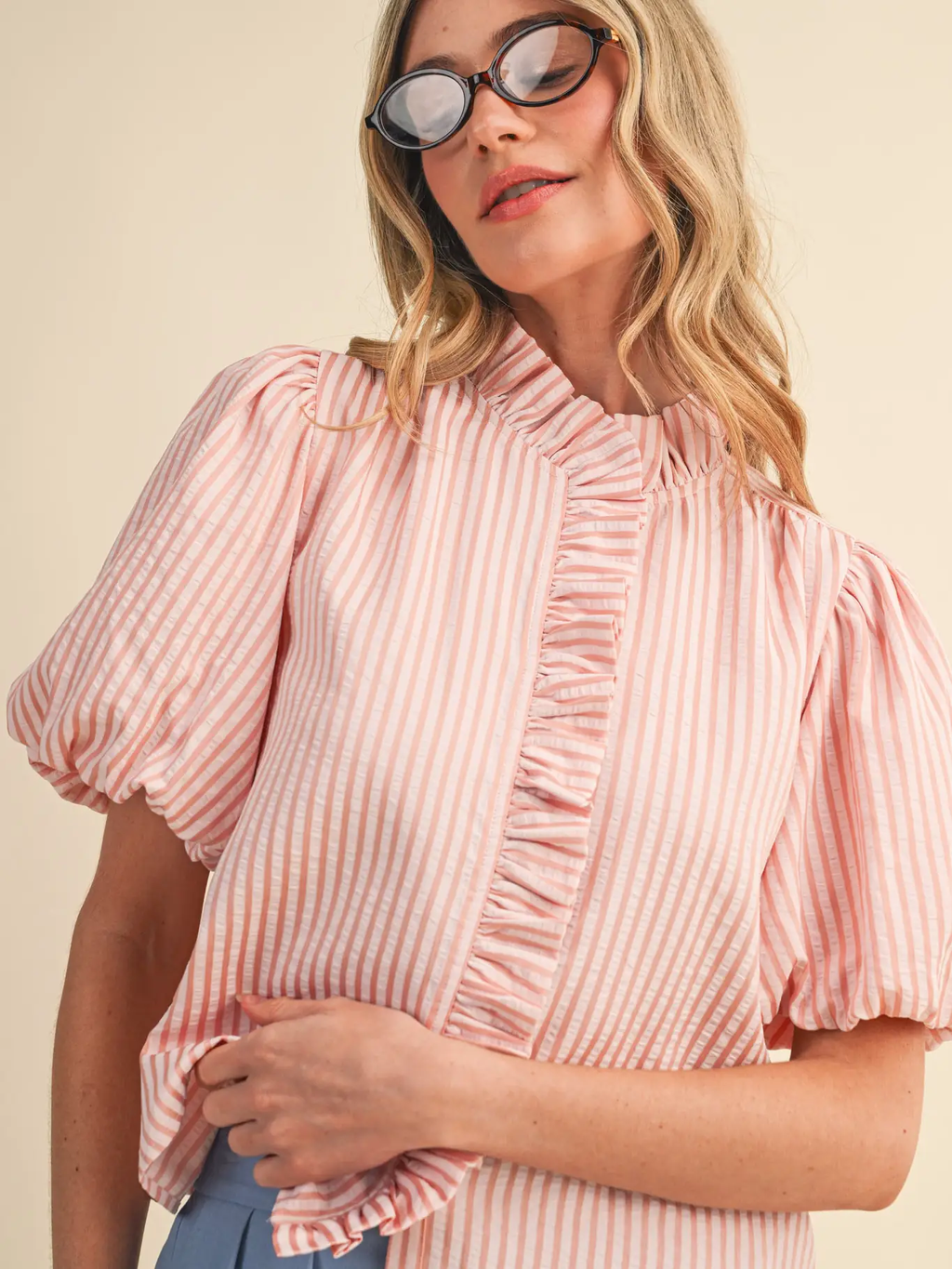 Striped Ruffled Button Down Top - PINK BLUSH