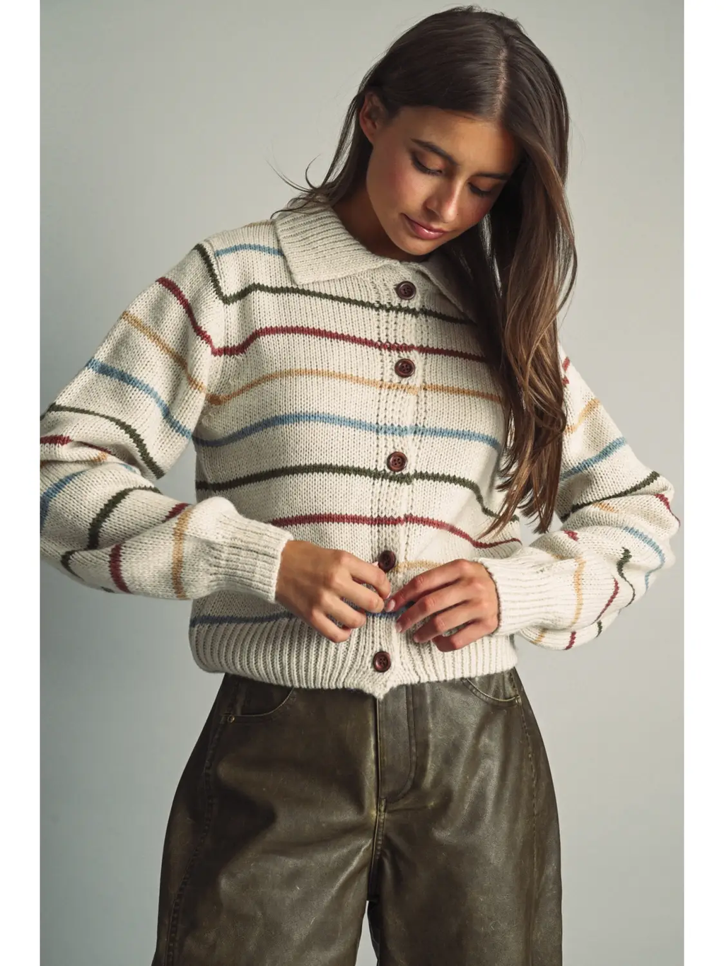 Striped Knit Cardigan with Cord-Textured Collar