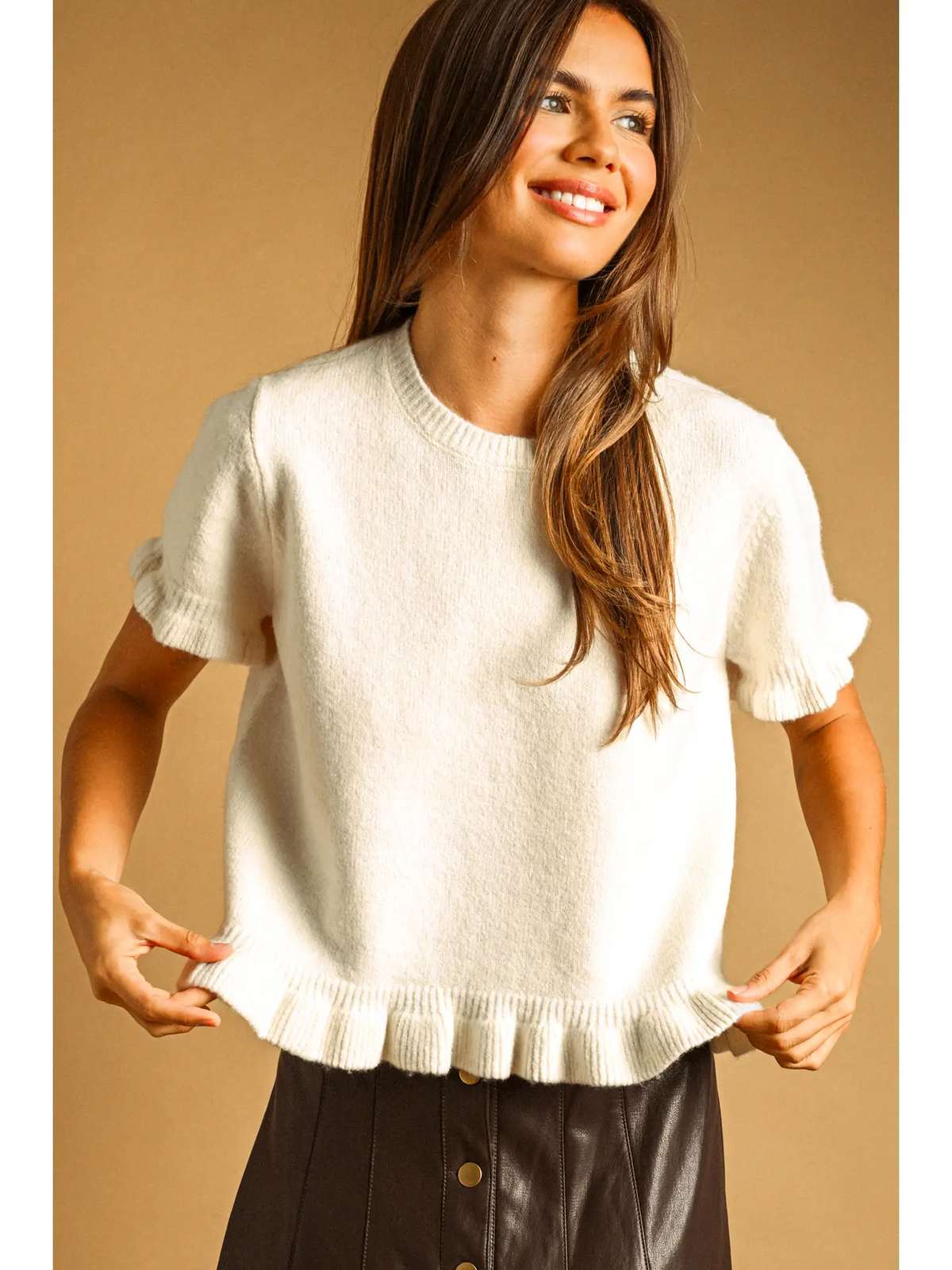 Ruffle Hem Short Sleeve Sweater Top - CREAM