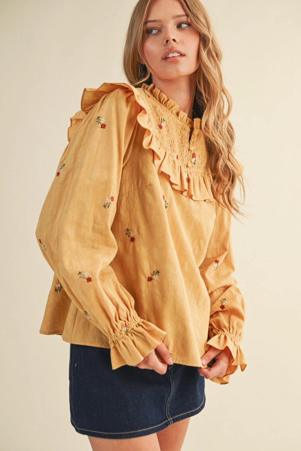 Ruffled Smocked Yoke Embroidered Blouse