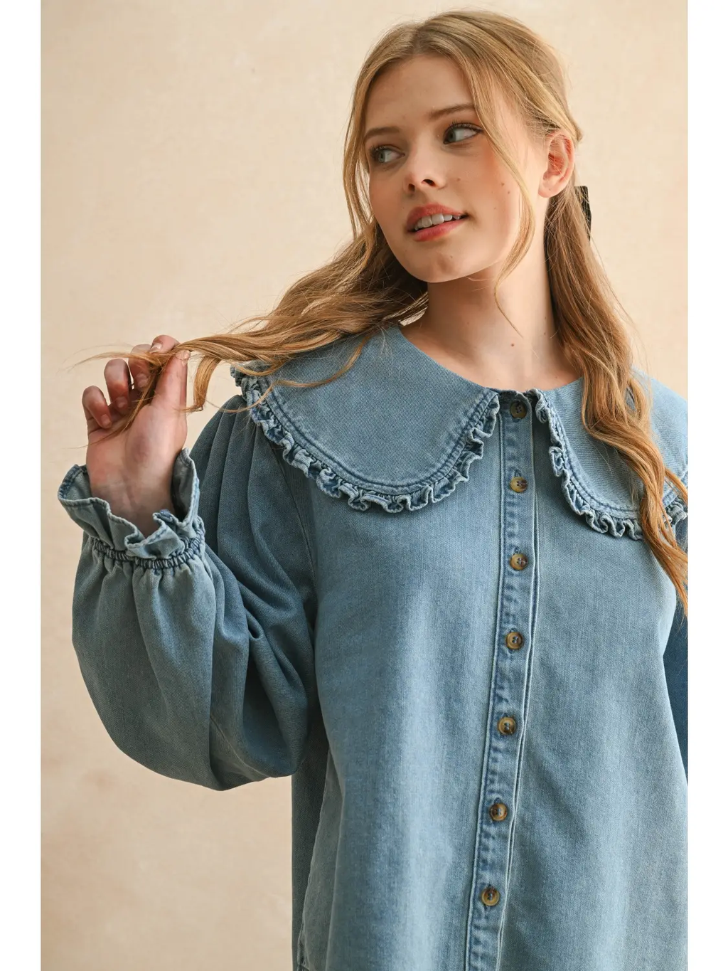 Ruffled Trim Collar Denim Shirts