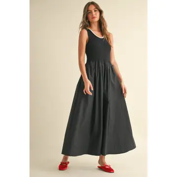 Ribbed Top Woven Skirt Combo Dress - Black