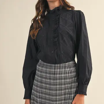 Ruffled Lace Trim Button Down Top - Black