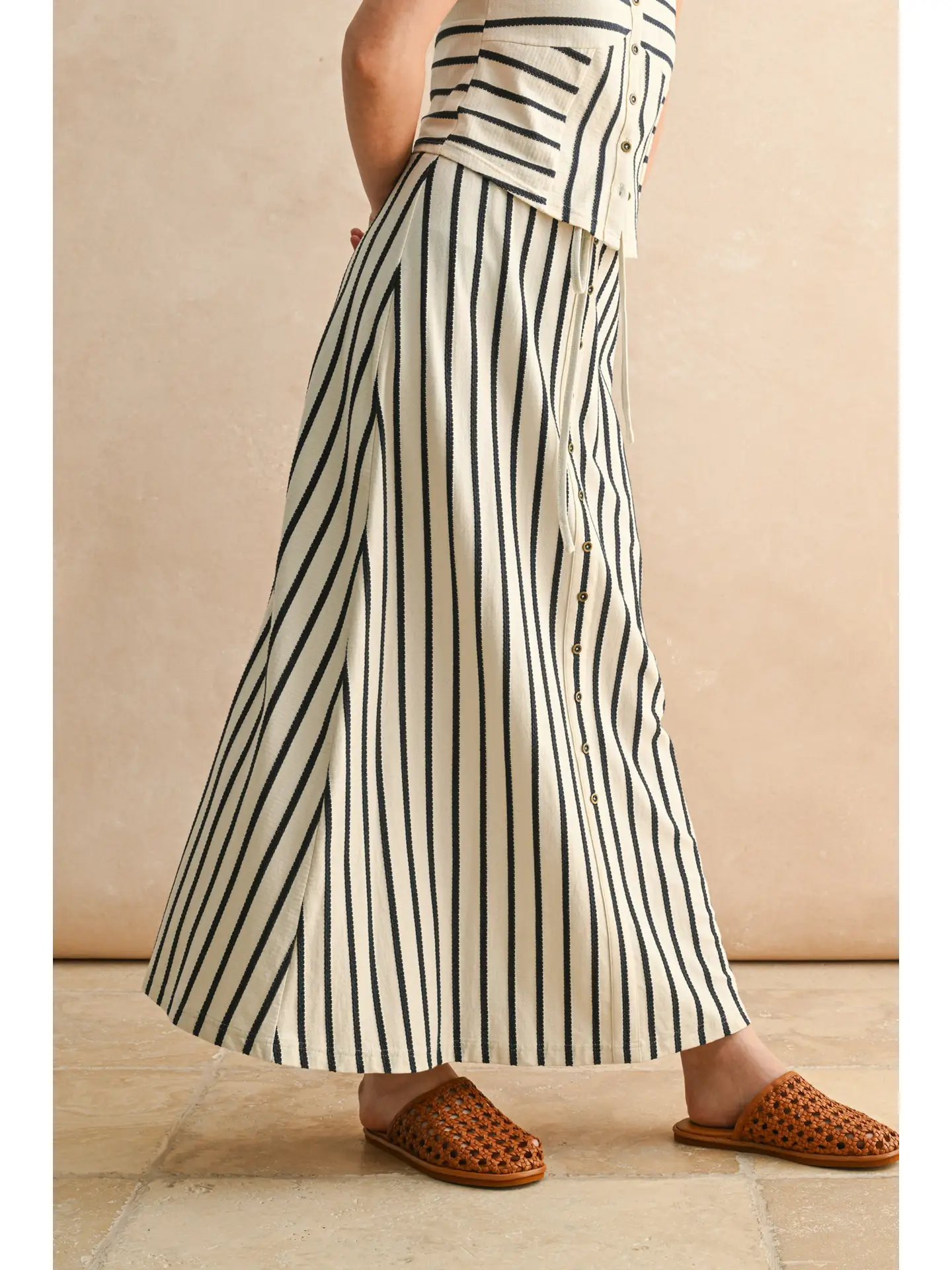 Button Front Striped Long Skirt - Cream/Navy