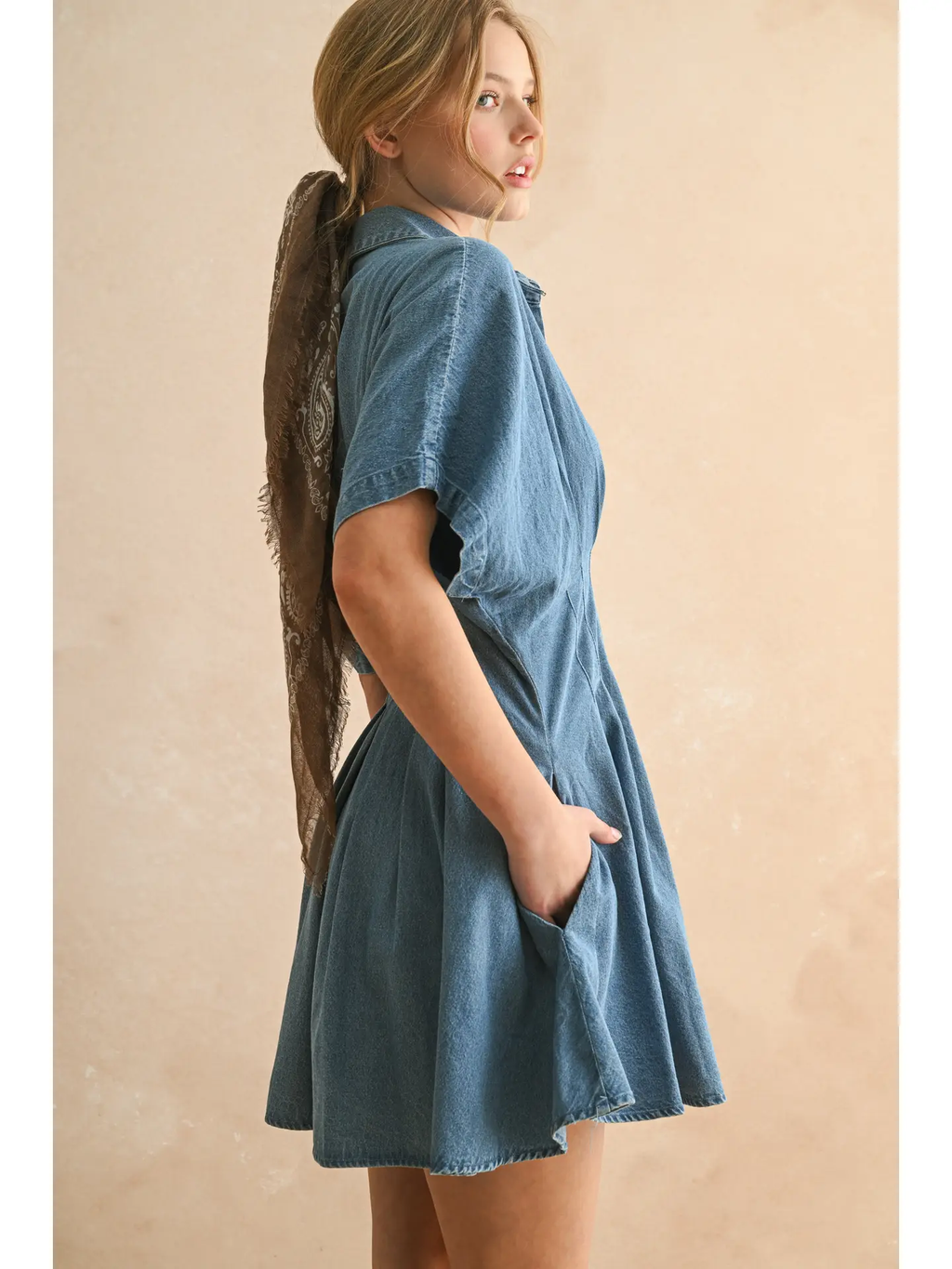 Chambray Denim Button Front w/ Pleat Detail Dress - Denim