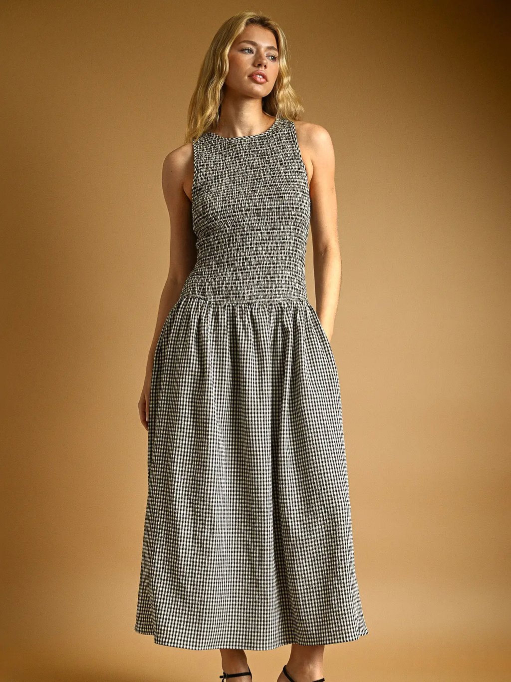 Mini Gingham Pattern Sleeveless Long Dress - BLACK