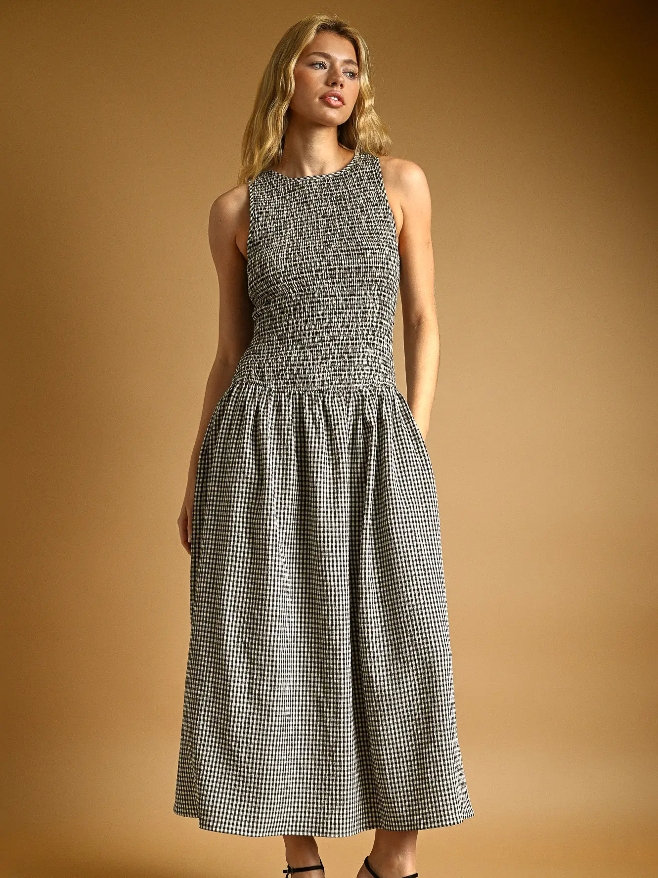 Mini Gingham Pattern Sleeveless Long Dress - BLACK