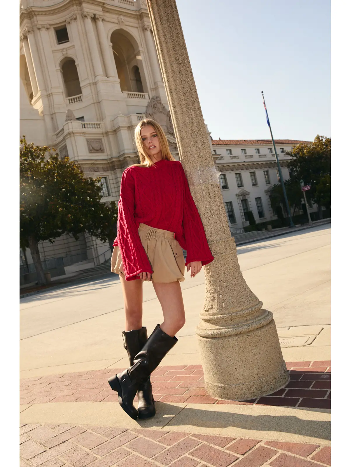 Oversized Cable Knit Sweater - Red