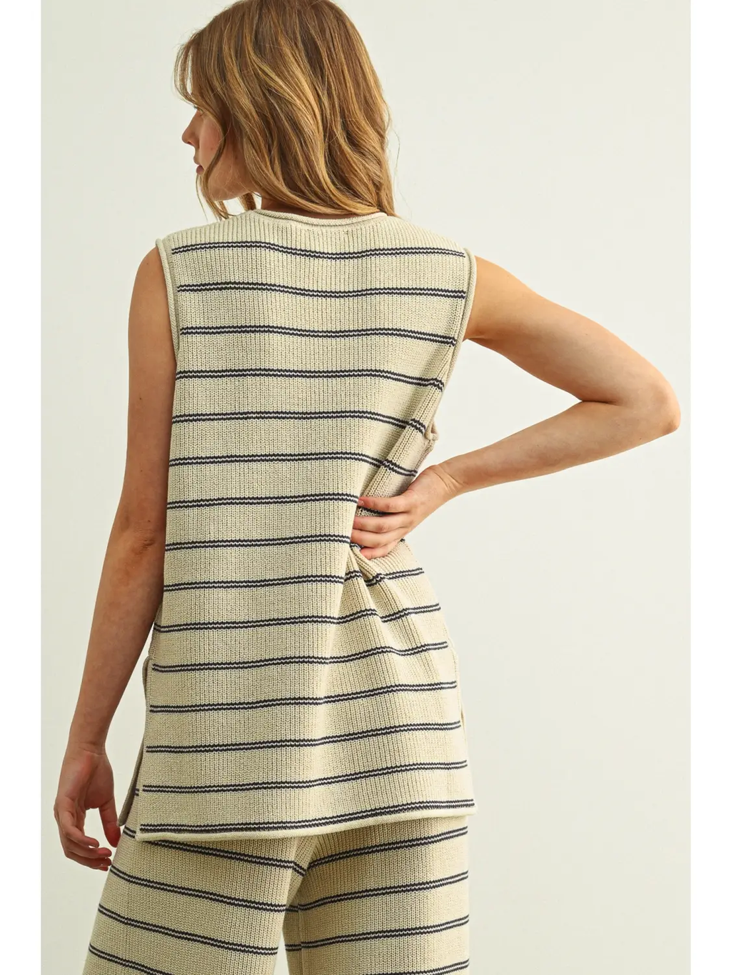 Striped Pattern Knitted Top - STONE/BLUE
