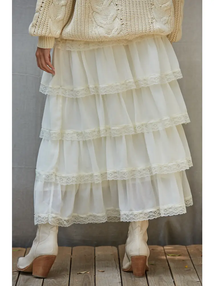 Woven Polyester Flare Tiered Midi Skirt