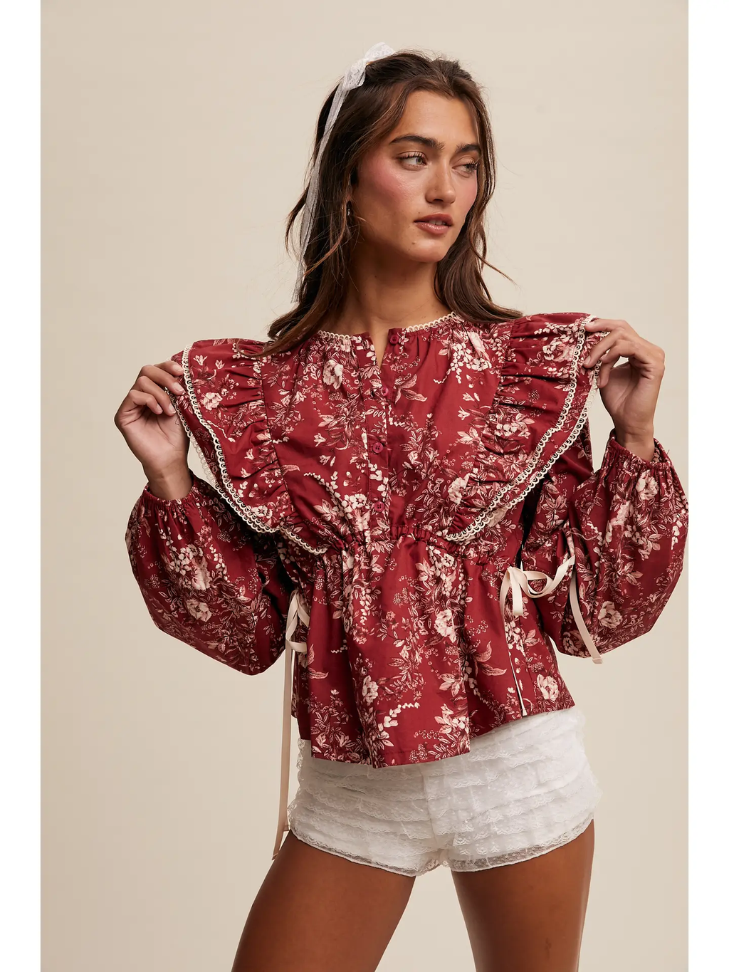 Victorian Floral Ruffle Blouse - CRIMSON