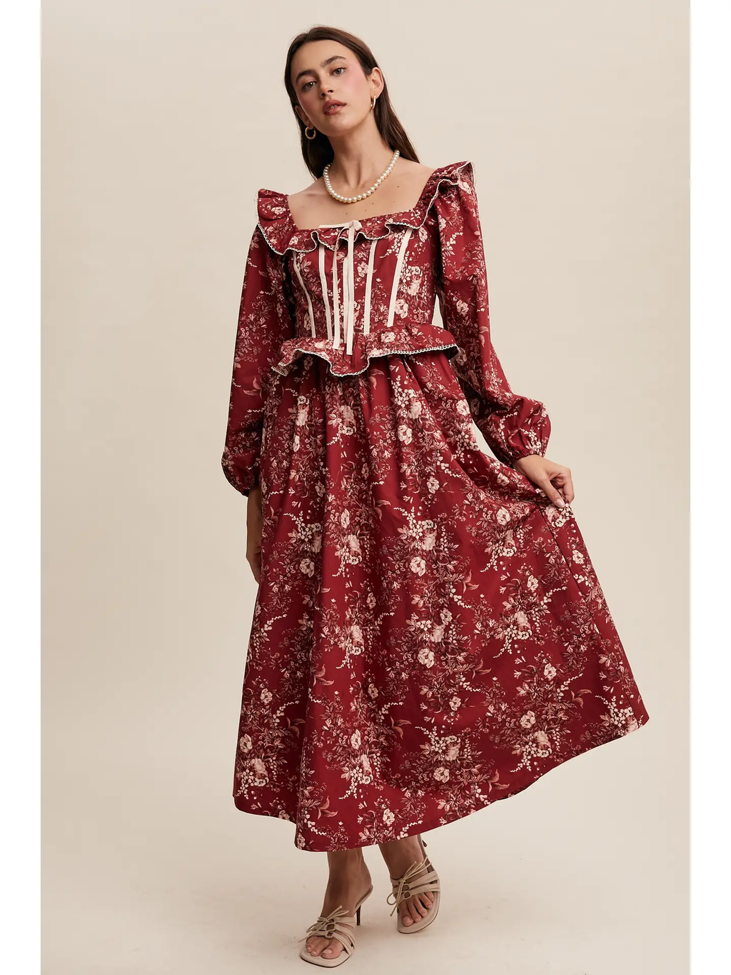 Floral Corset Ruffle Midi Dress - CRIMSON