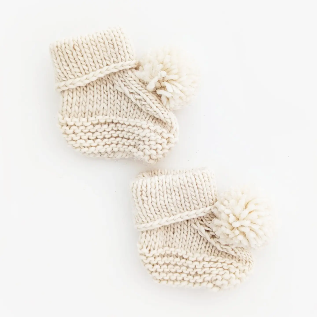 Garter Stitch Baby Booties Natural with Pom Poms