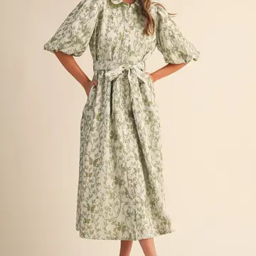 Jacquard Bubble Sleeve Button Down Midi Dress  - SAGE GREEN