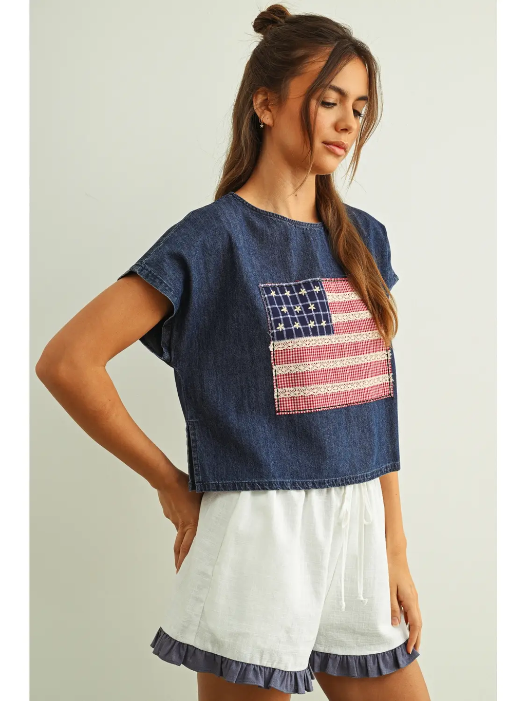 Mixed Fabric Flag Patched Dolman Sleeve Top