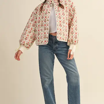 Floral Quilted Jacket with Ribbon Detail - IVORY RED