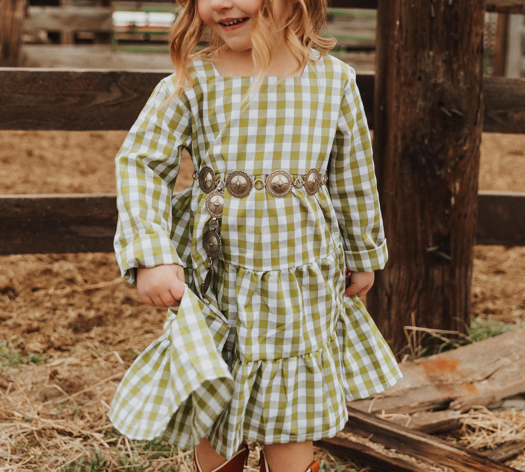 GIRLS GREEN CHECK TIERED DRESS