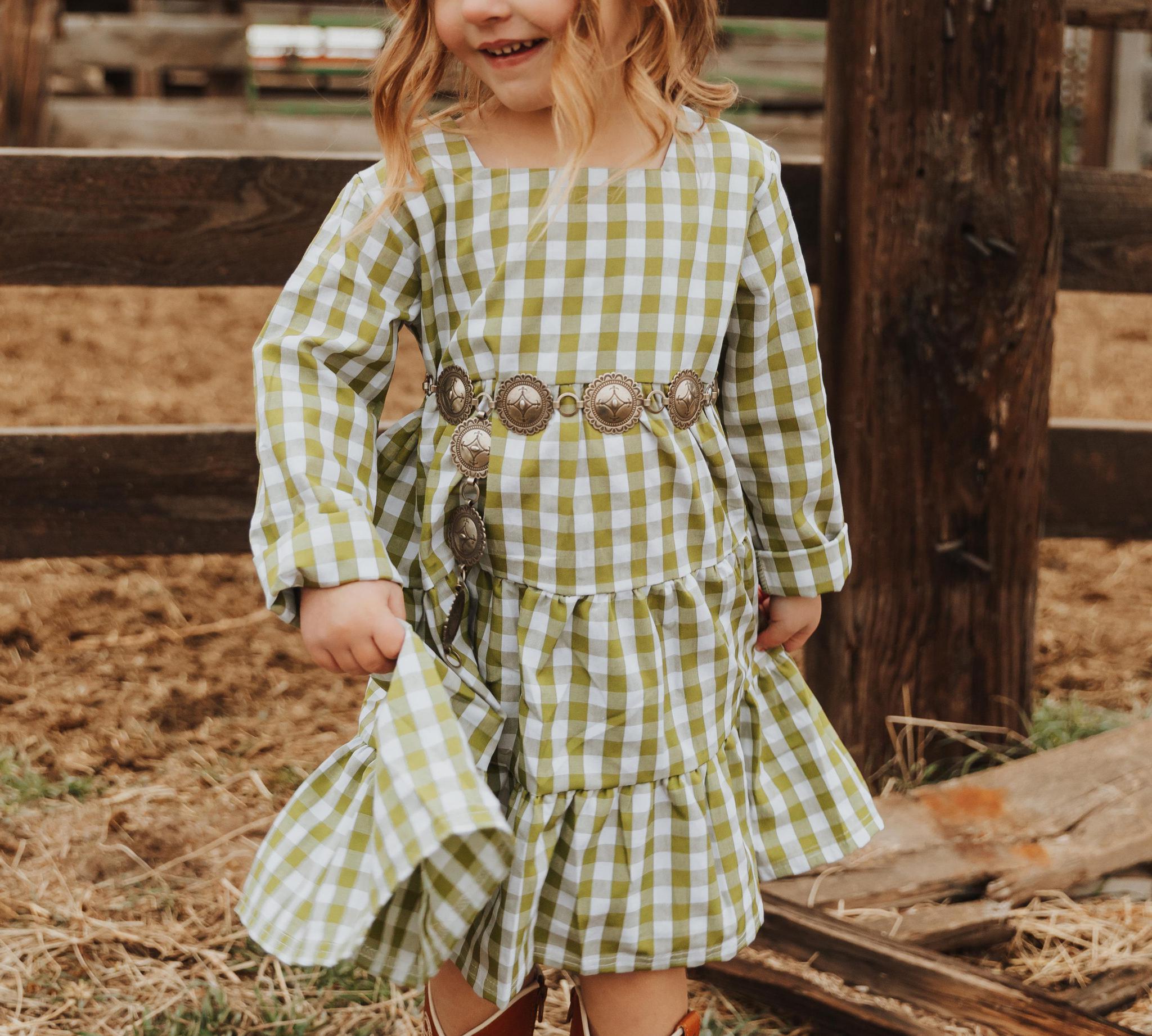 GIRLS GREEN CHECK TIERED DRESS