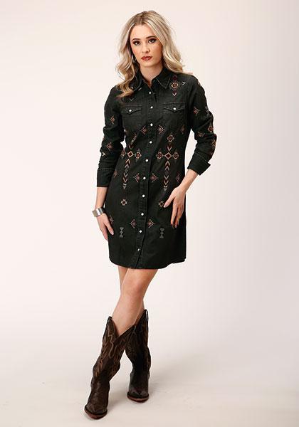 Women's Black Denim Western Shirt Dress Snap Front 11-057-0594-7056 BL