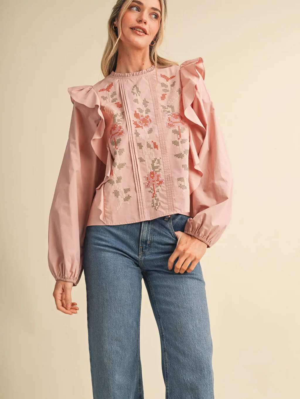 Floral Cross Stitch Ruffled Top - DUSTY ROSE