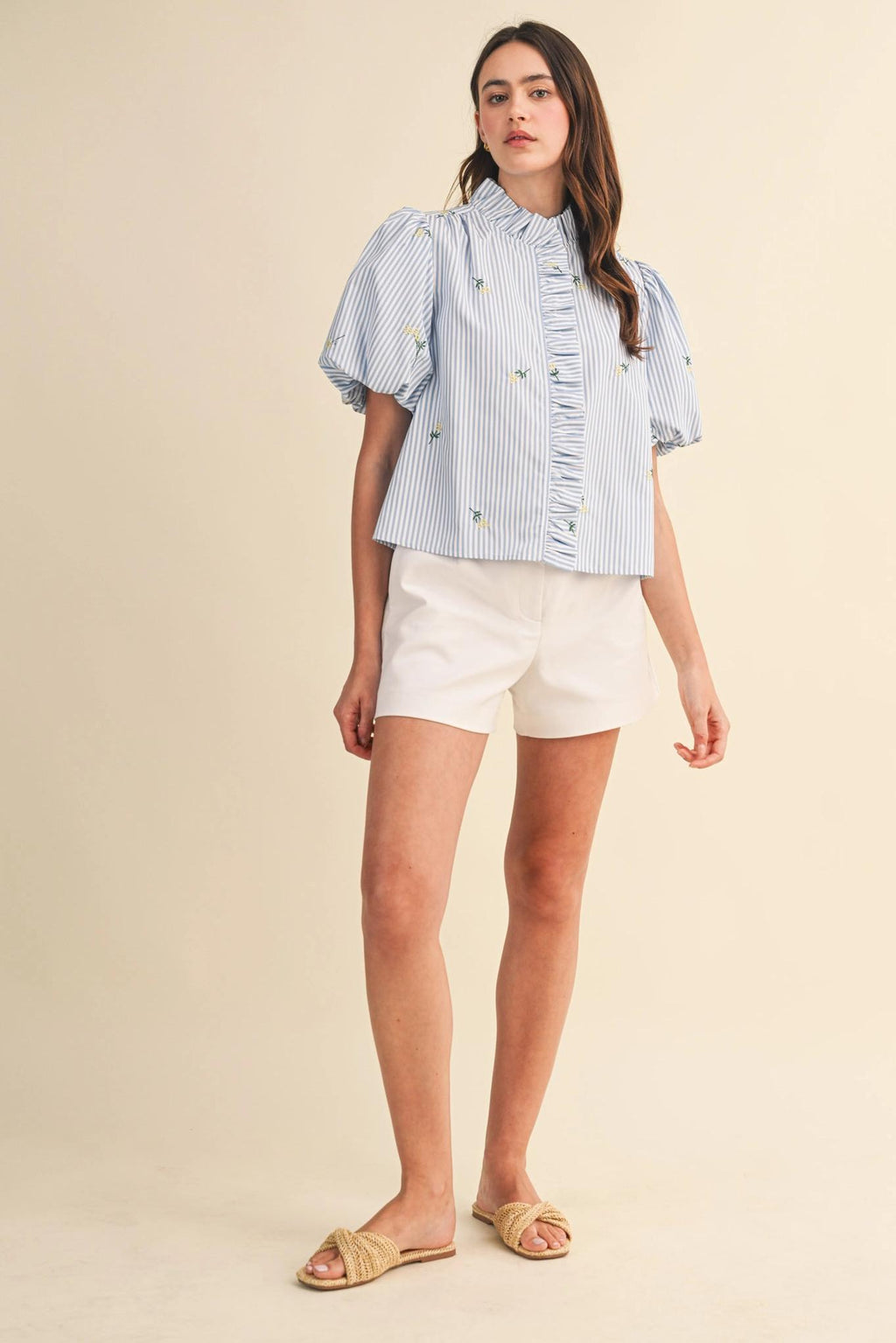 Floral Embroidery Striped Ruffled Button Down Top - Sky Blue Stripe