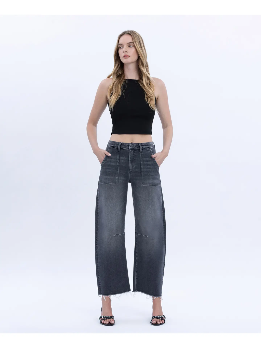 High Rise Raw Hem Crop Utility Barrel Jeans - Beachwood