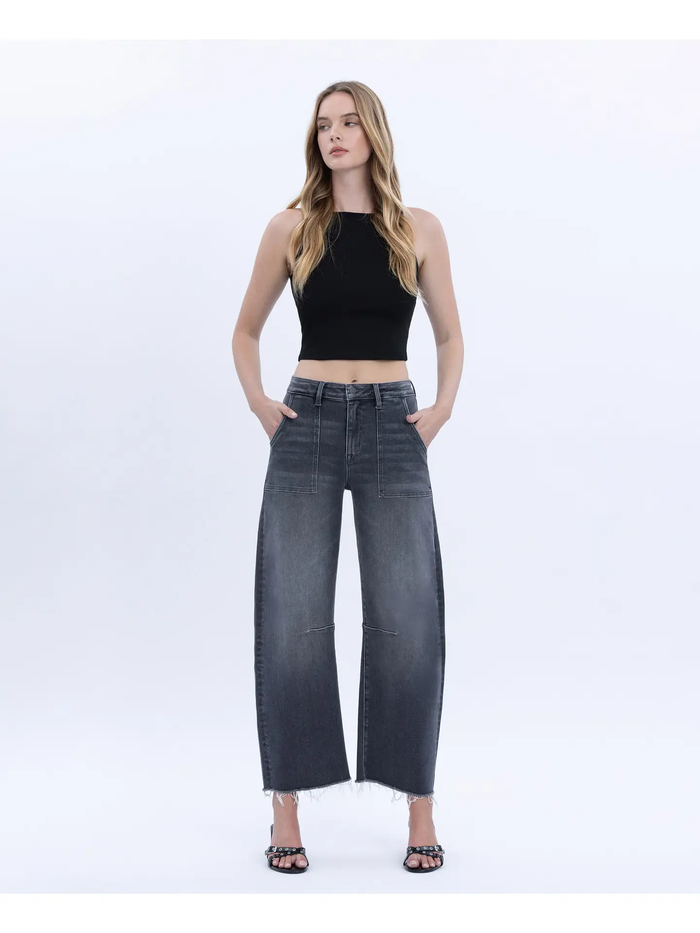High Rise Raw Hem Crop Utility Barrel Jeans - Beachwood