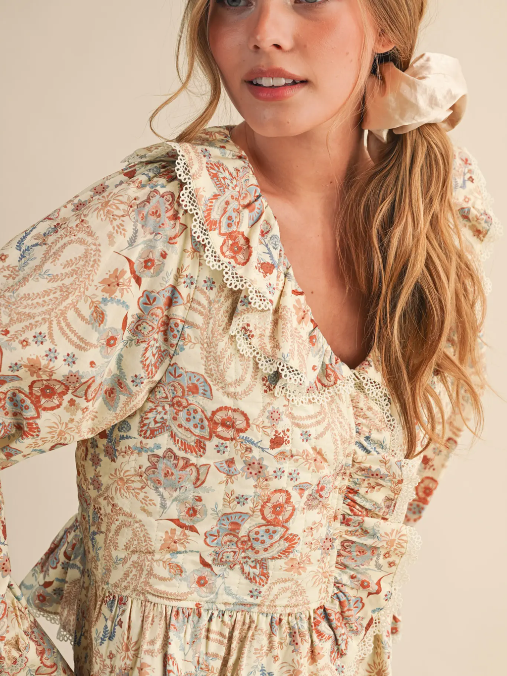Paisley Print Lace Trim Quilted Top
