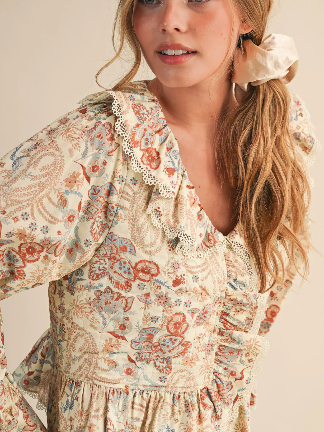 Paisley Print Lace Trim Quilted Top