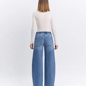 High Rise Elastic Waistband Wide Barrel Jeans - UPSTANDING