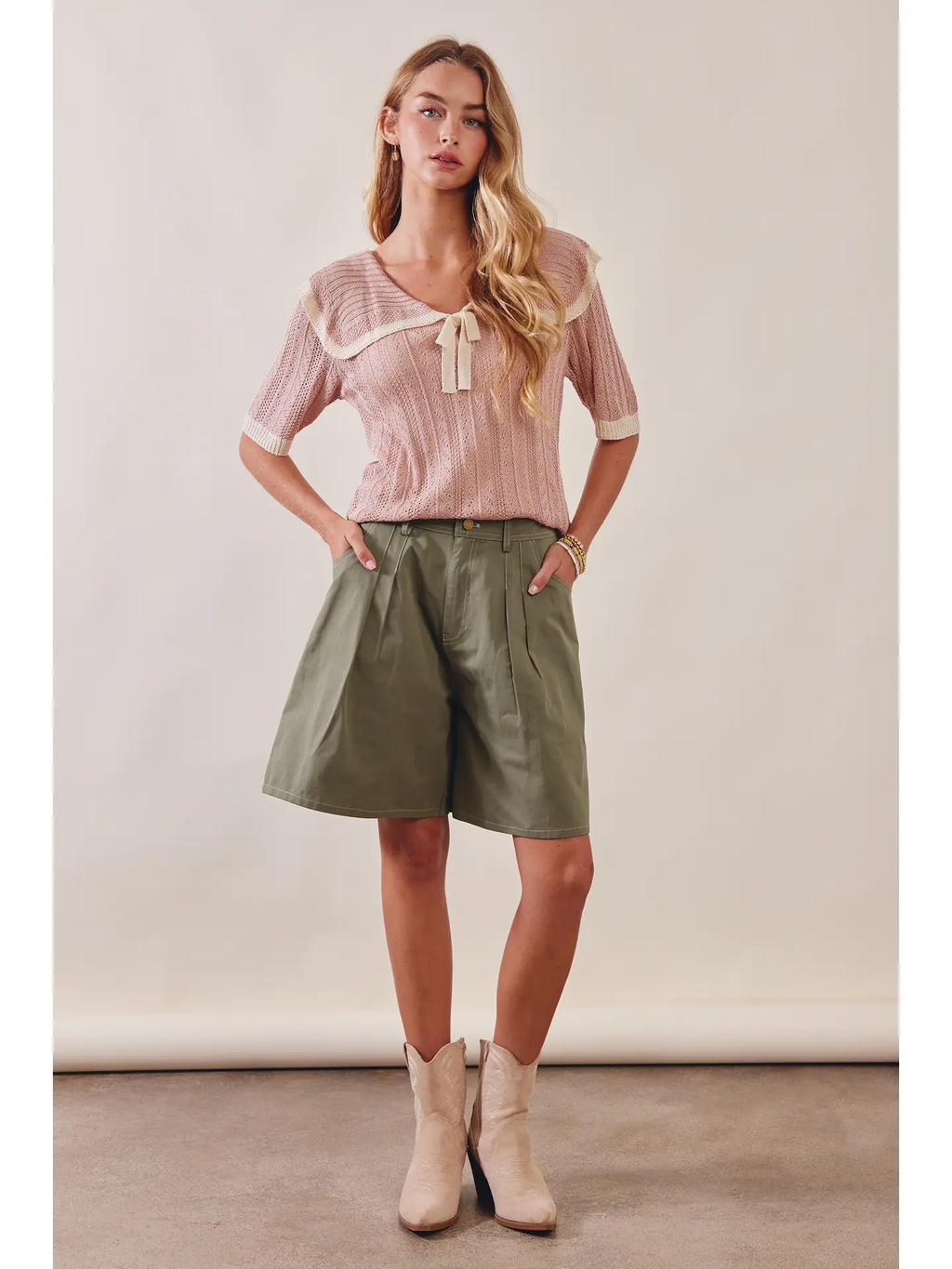 Knit Sailor-Collar Ribbon Top - ROSE LATTE