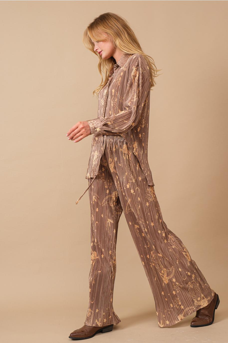 Press Pleated Moonlight Western Shirt Pants Set - Brown