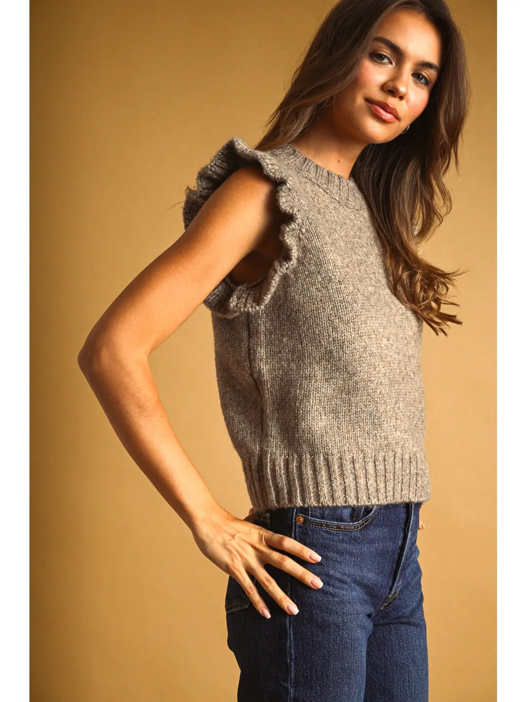 Ruffle Sleeve Sweater Top - MOCHA