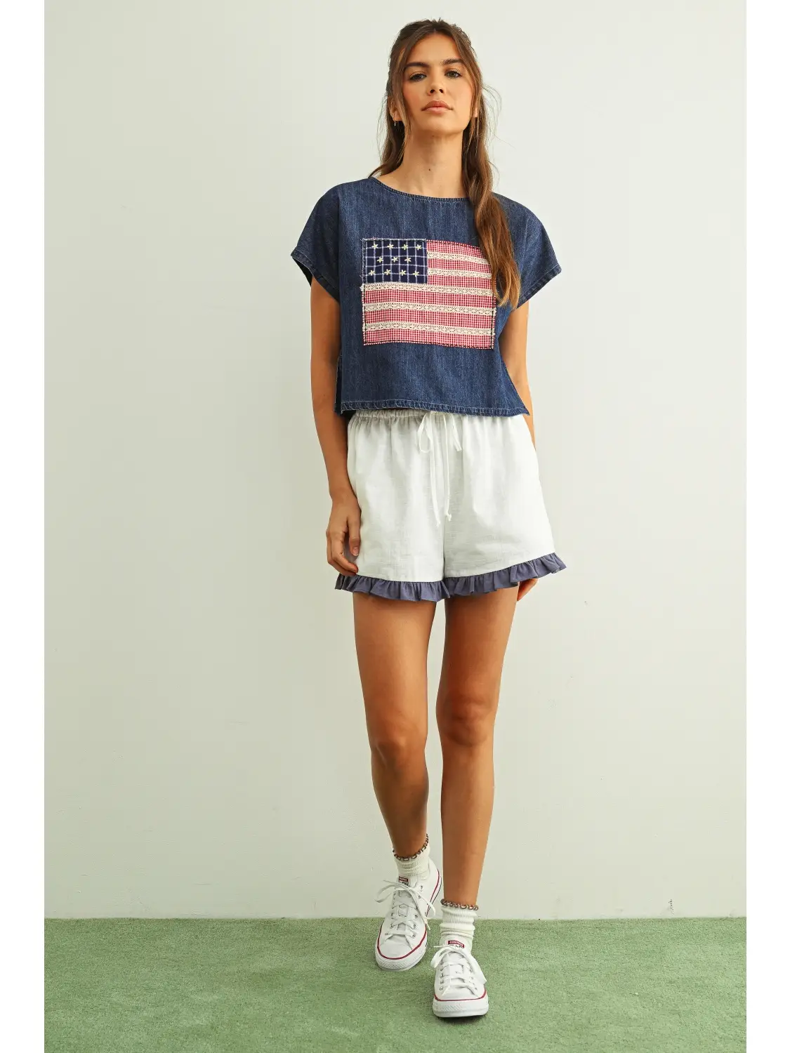 Mixed Fabric Flag Patched Dolman Sleeve Top