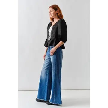 Jacquard Puffy Sleeve Bow Tie Top W/Ruffle Hem - Black