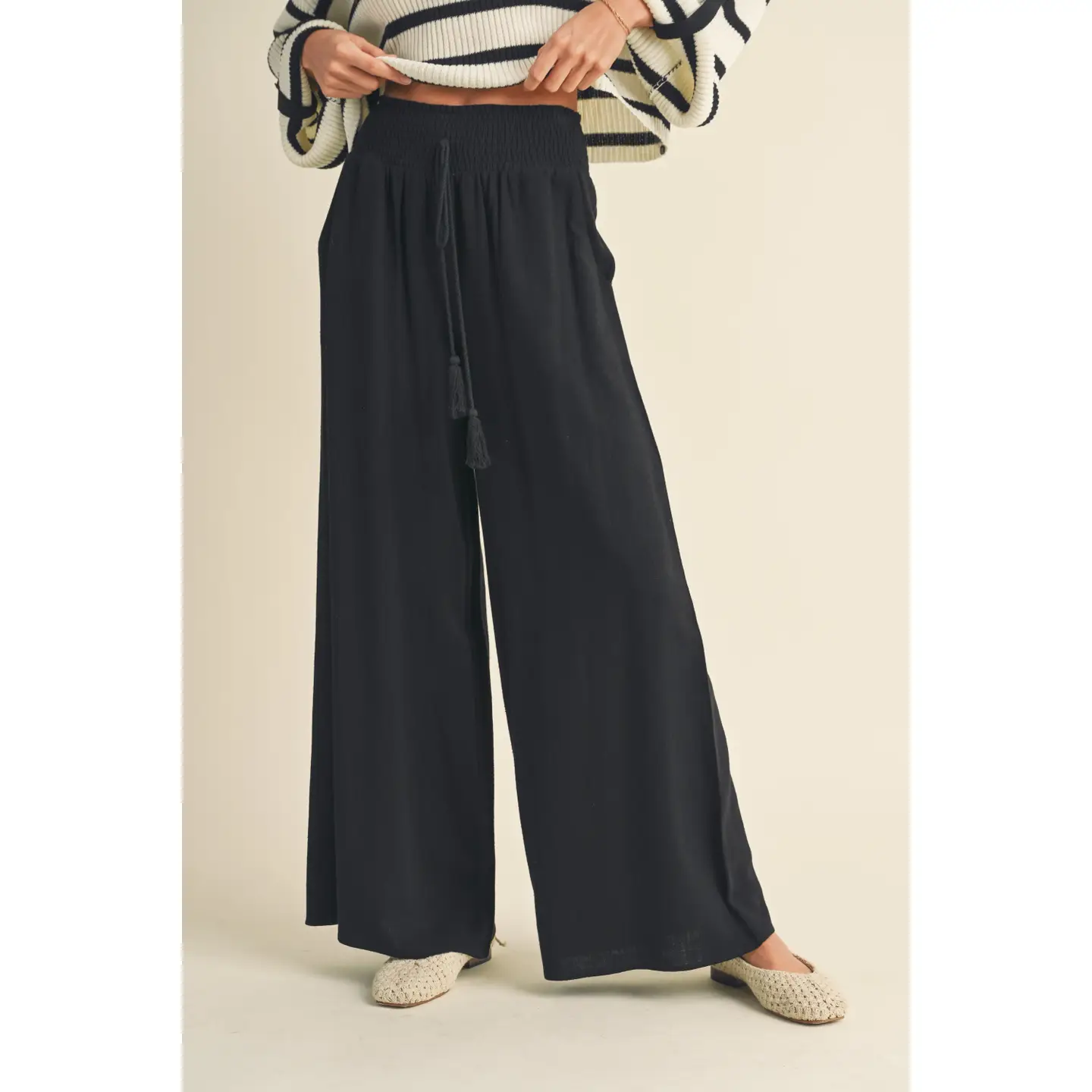 Cotton Linen Smocked Waist Pants with Tassel - Black