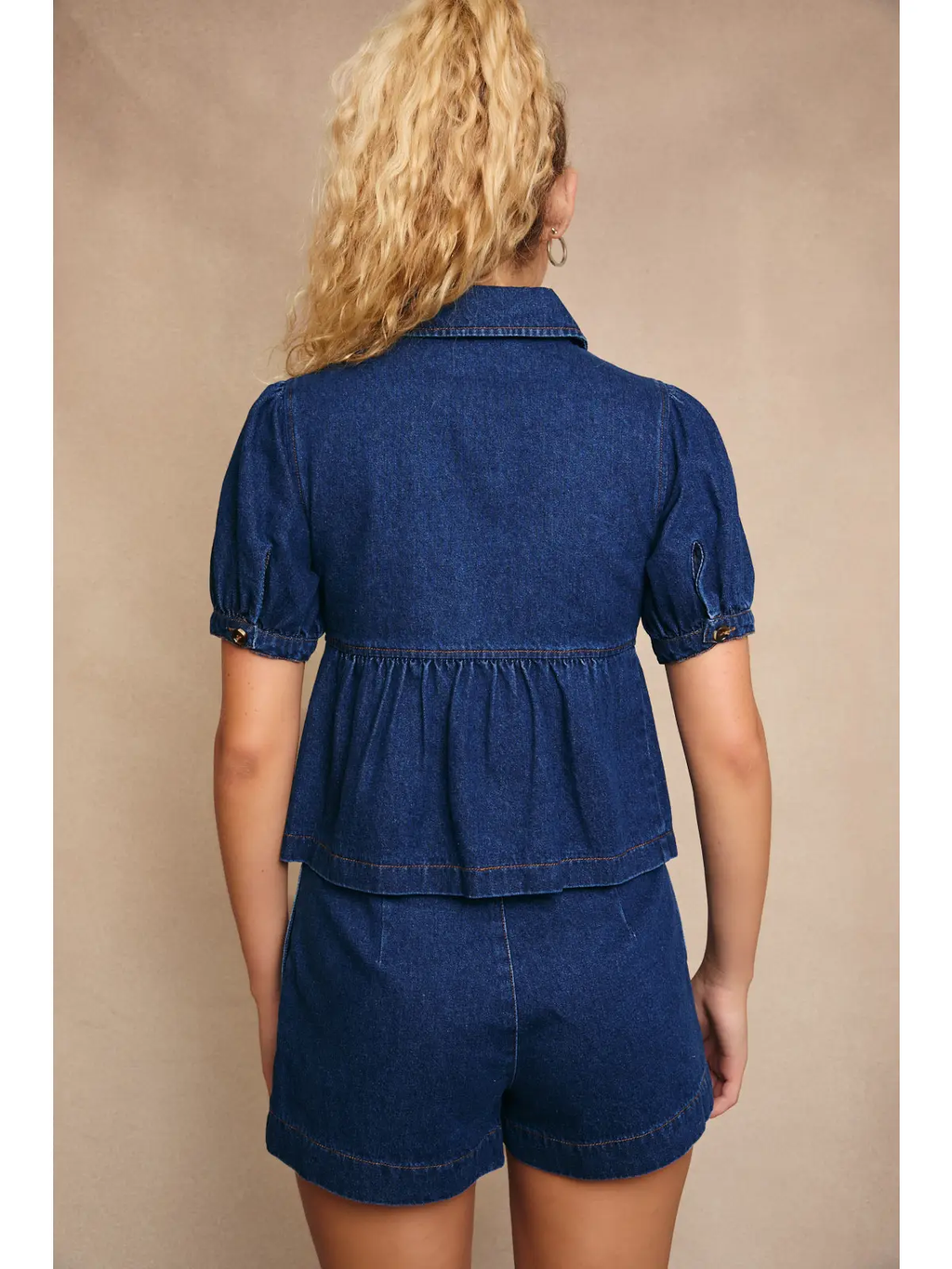 Peter Pan Collar Puff Sleeve Denim Top with Mid Rise Shorts