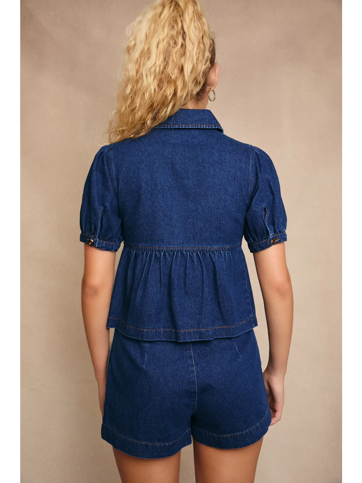 Peter Pan Collar Puff Sleeve Denim Top with Mid Rise Shorts